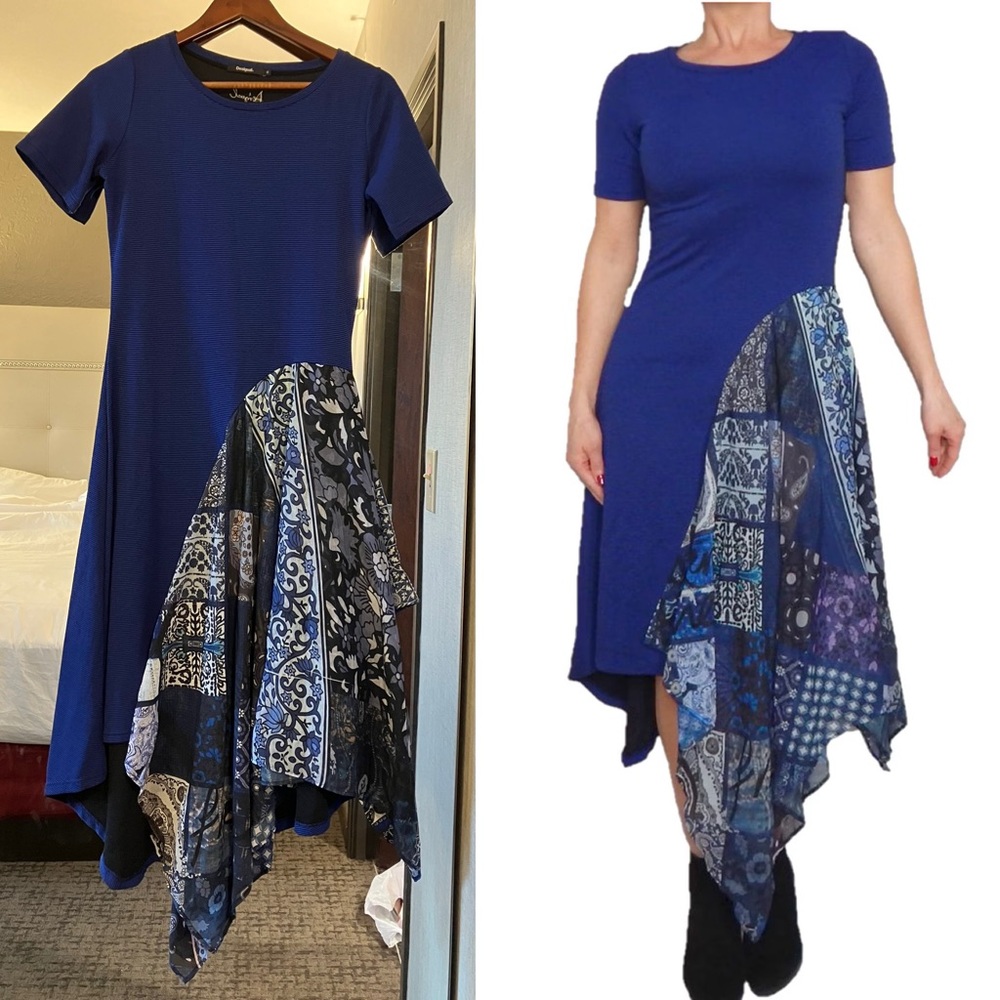 Desigual Francina Jersey Handkerchief Blue Striped Floral Dress Size Medium